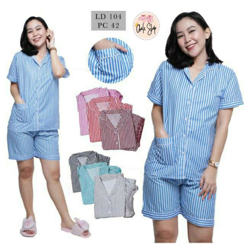 Baju Tidur Piyama Wanita/Cewek Dewasa Motif Salur/Stripe Katun HP