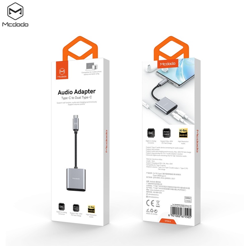 MCDODO CA-7550 Audio Adapter Type C To Dual Type C Charging Call