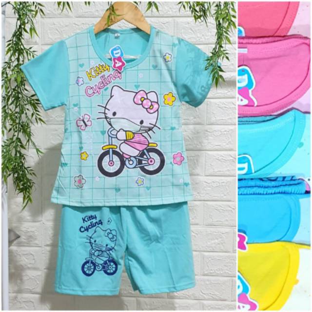 Baju Setelan harian celana pendek anak perempuan 1-5 tahun / setelan pendek anak cewek hello kitty doraemon lol