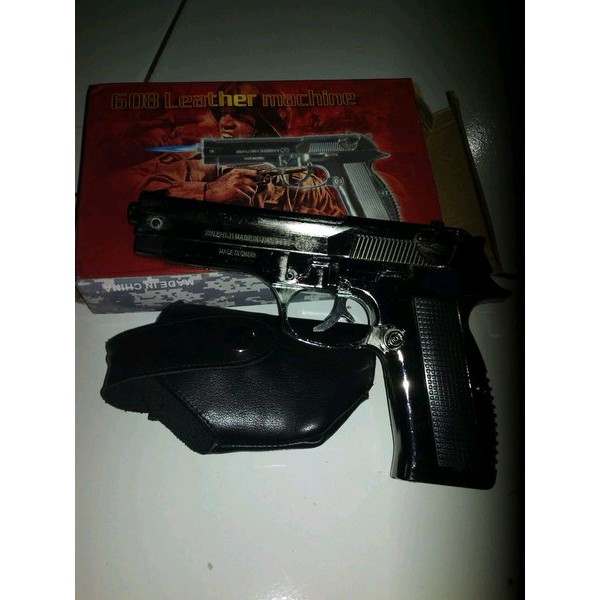 Korek Pistol Full Metal - Lighter Pistol Black - 608 Leather Machine - Include Sarung - Bareta Besi