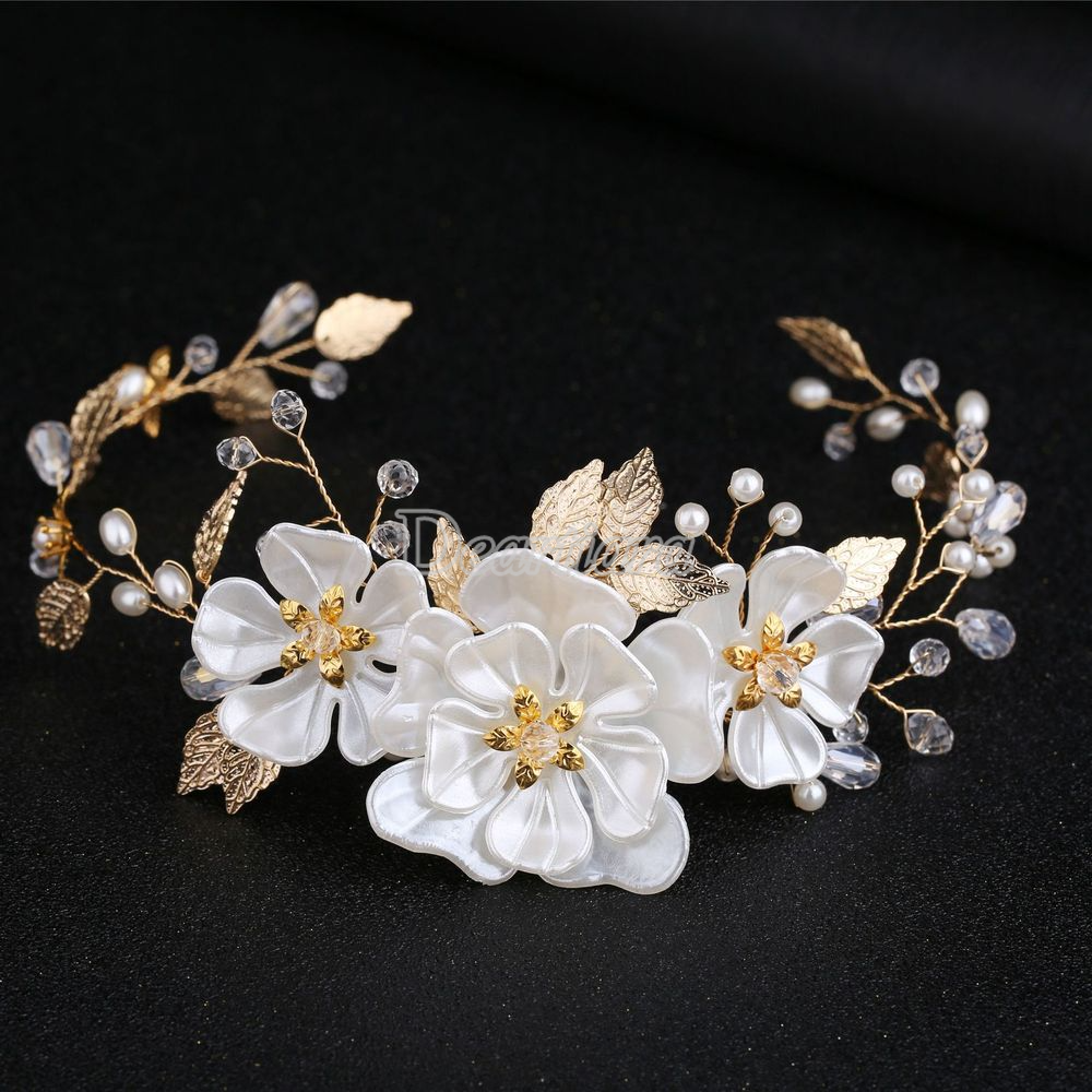 Fashion Bride Hand-woven Pearl Headdress White Crystal Flower Pearl Leaf Wedding Dress Accessories Headband Bridal Accessories