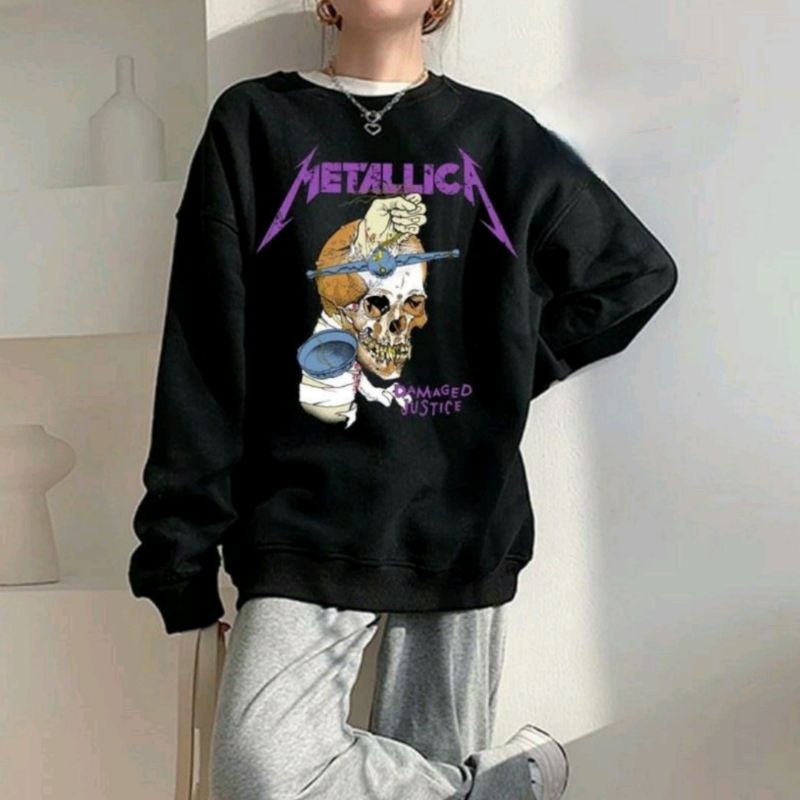 Crewneck Sweater Pia Wanita Metallica Damage Justice Hitam Black Free Paper Bag