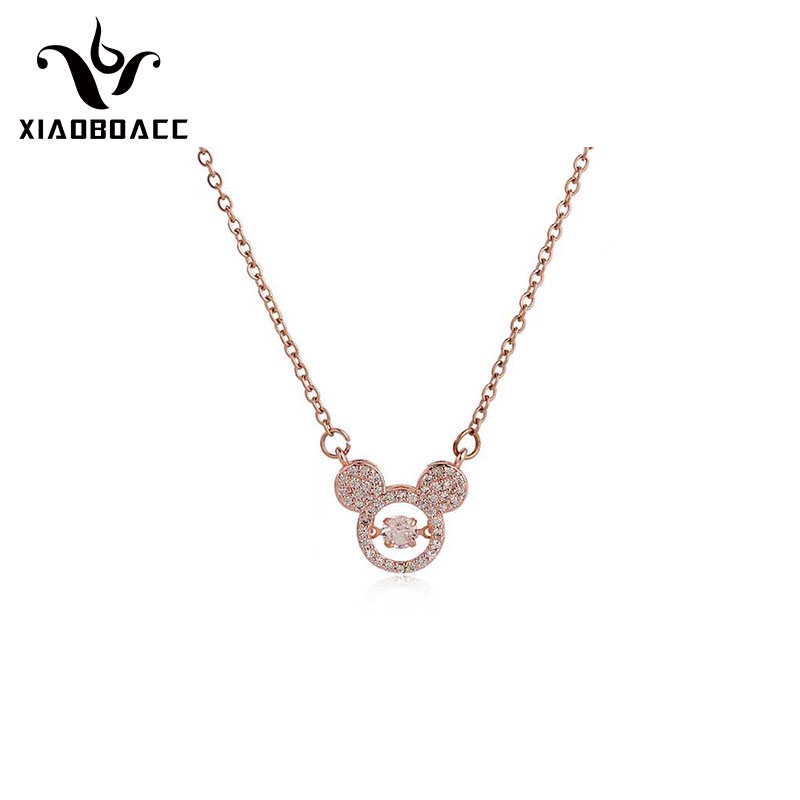 XiaoboACC Kalung Rantai Liontin Mickey Mouse Lapis Emas 18K Hias Batu Zircon Ala Korea Untuk Wanita 38CM+6.0CM