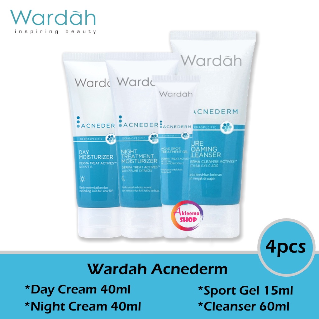 Paket Wardah Acnederm Perawatan Jerawat 4pcs (Day 40ml+Night 40ml+Gel 15ml+Cleanser 60ml)