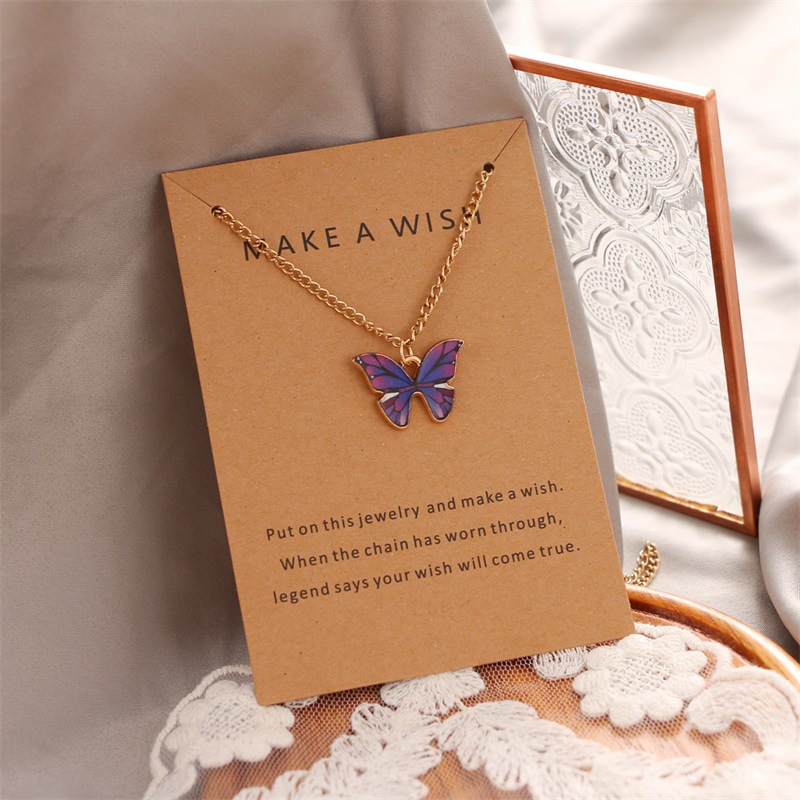 Make a wish paper card fashion slanted butterfly painting oil woman necklace gift jewelry accessories factory wholesale