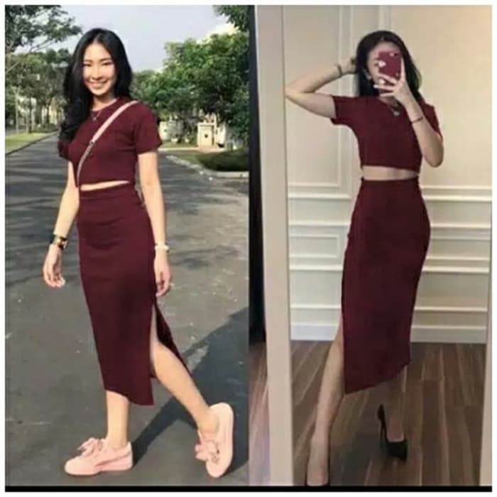 Setelan Set Rok Midi Import Bangkok Premium Wanita Dewasa UN599 Stelan Rok Kiyora Maron [Setelan W