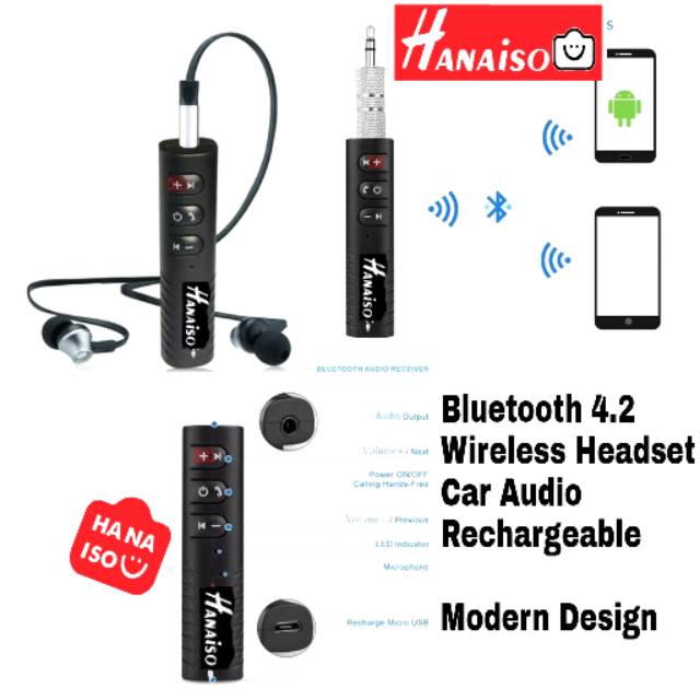 Termurah Medan Hanaiso Bluetooth Receiver V4.2  Wireless Earphone Car Audio Dongle Music Charge Rechargeable