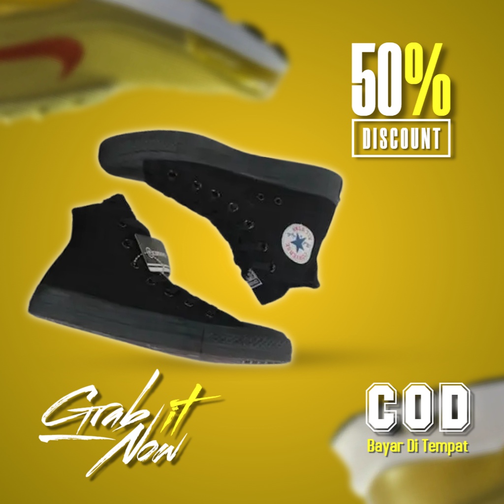 Sepatu Sneakers All Star CT High Warna Full Black Hitam Polos Keren Kekinian Terbaru