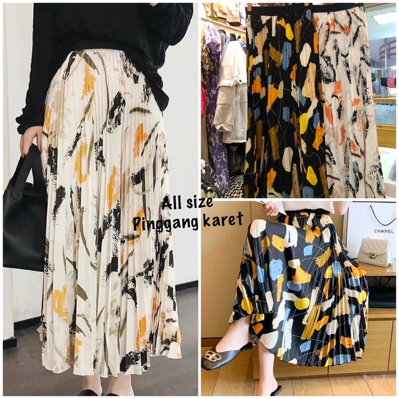 ROK WANITA MIDY PLISKET MOTIF BUNGA IMPORT BANGKOK KOREA STYLE