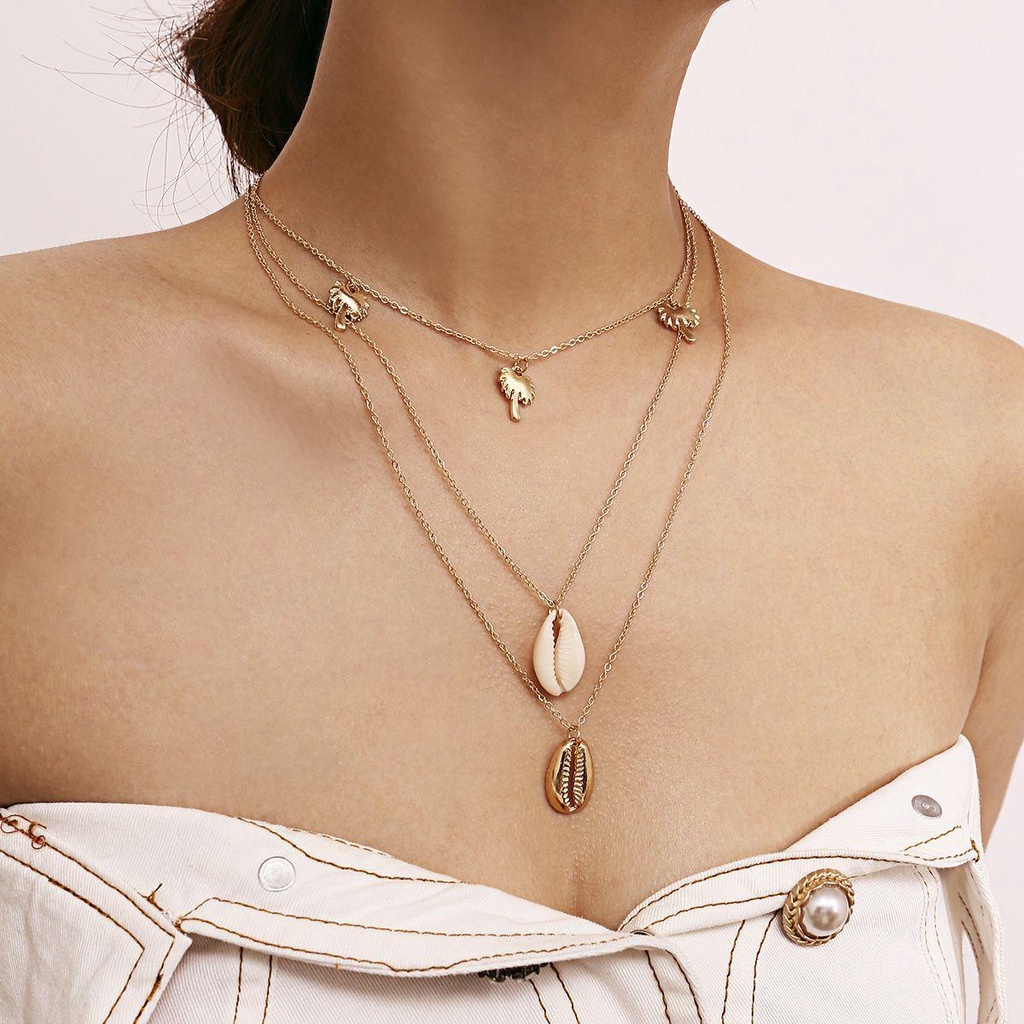 Kalung Rantai Multi Layer Liontin Kerang Warna Goldsilver Untuk Wanita