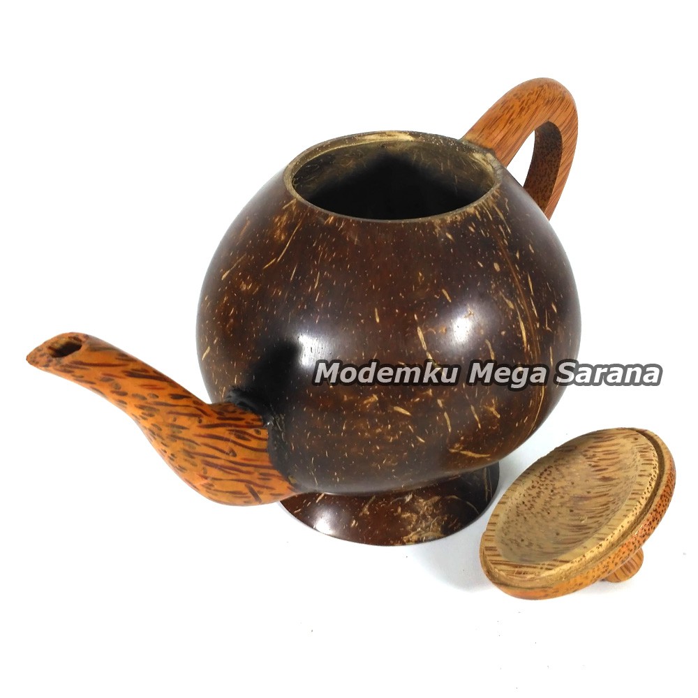 1 sett Teko + Gelas Cangkir Batok Kelapa Natural Handle Glugu CA01