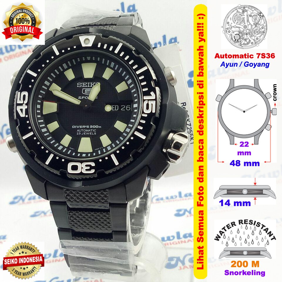 Seiko 5 SPorts SKZ255K1 Automatic Diver 200M Black | Jam Pria SKZ255