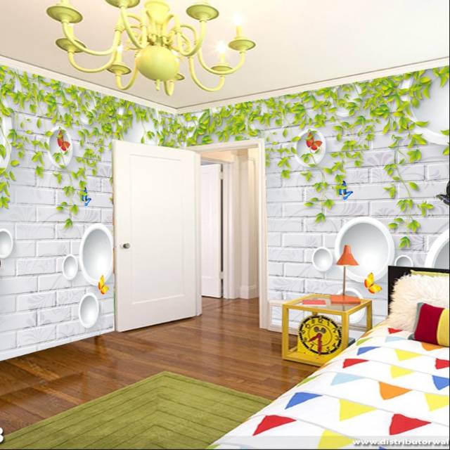 WALLPAPER CUSTOM 3D DINDING STICKER DAUN BATA PUTIH PREMIUM QUALITY WALLSTICKER