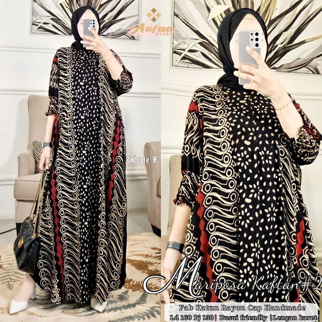 Batik A W - Kaftan Cap Encim Motif Sogan Super Jumbo LD 150 Black Color Busui Resleting Lengan 7/8 Gamis Rayon Kaftan Jumbo