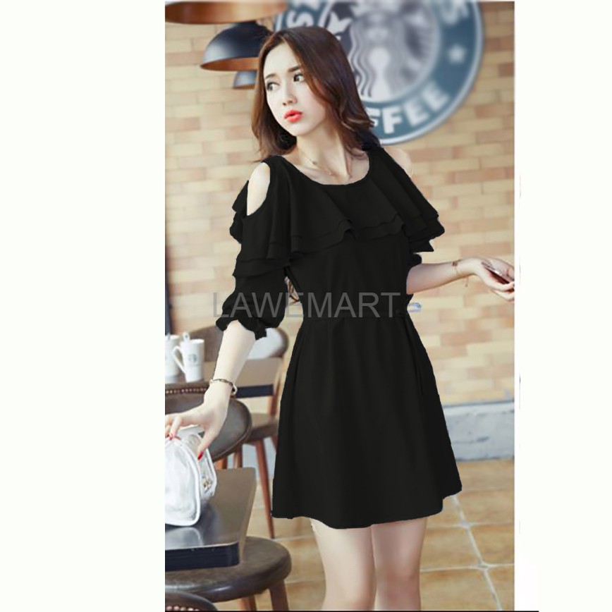 Okechuku Indri Tangan 3 4 Midi Dress Open shoulder Gaya Korea DRESS MIDI