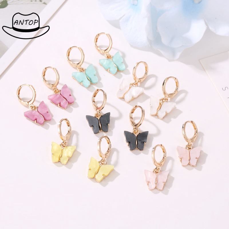 Antop！6 Warna Mode Korea Anting Kupu-kupu Lady Kupu-kupu Pendant Earrings Acrylic Drop Earrings Hoop Gadis Perhiasan