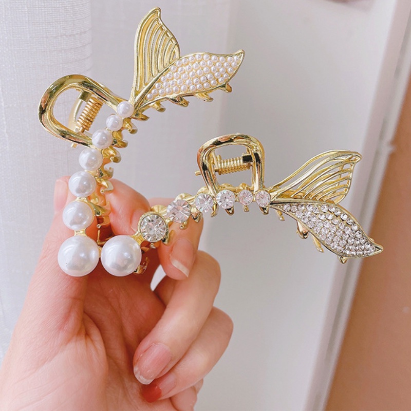 Korean Women Fashion Metal Golden Imitation Pearl Large Fishbone Hair Clip / Simple Bath Shower Makeup Hair Claw