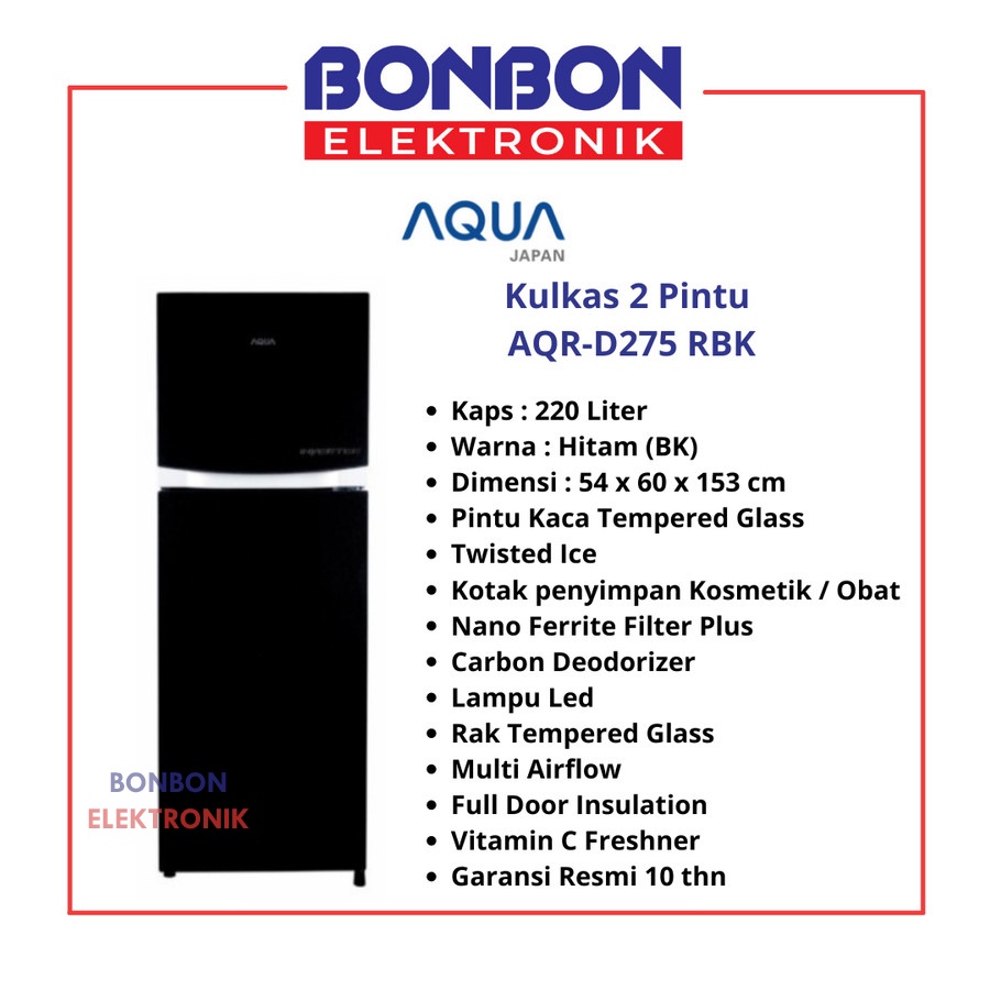 AQUA Kulkas 2 Pintu AQR-D275 RBK / AQRD 275 / AQR D275RBK Inverter