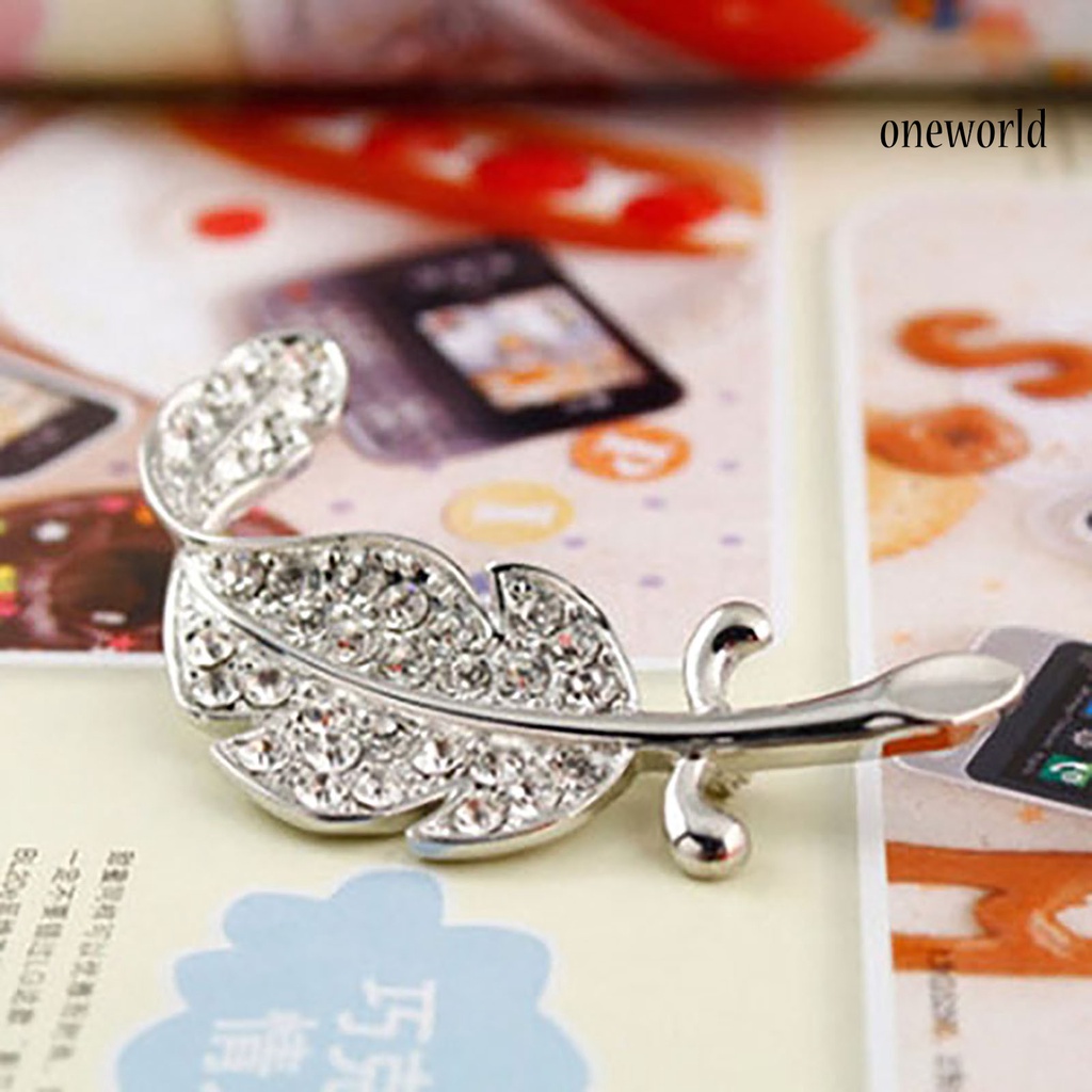 OW@ Women Fashion Leaf Silver Tone Rhinestone Wedding Gift Brooch Pin