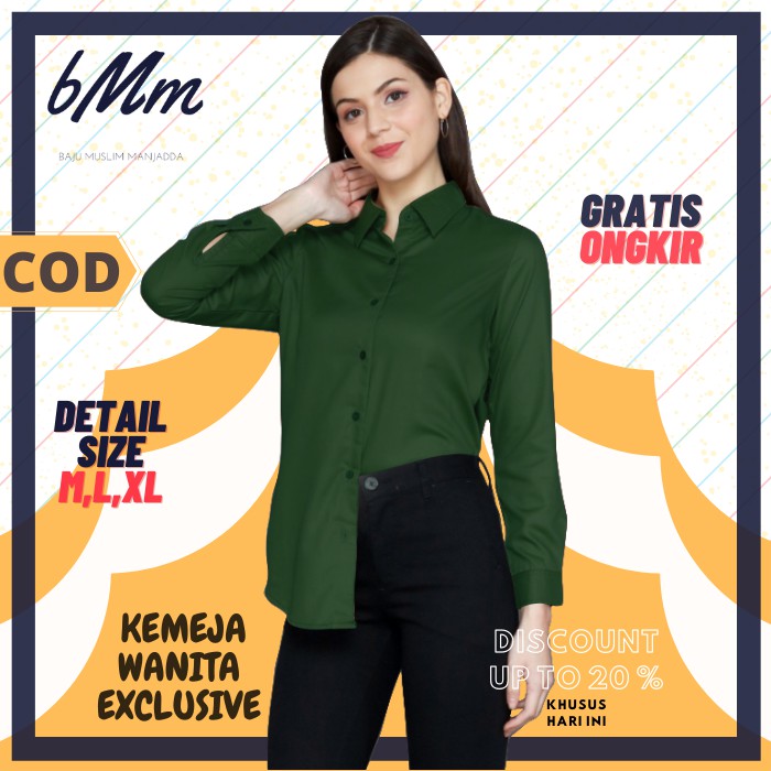 KEMEJA WANITA EXCLUSIVE KEMEJA POLOS BASIC LENGAN PANJANG - HIJAU BOTOL