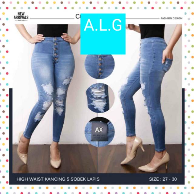 JEANS WANITA IMPORT MODEL HIGH WAIST KANCING 5 SOBEK LAPIS