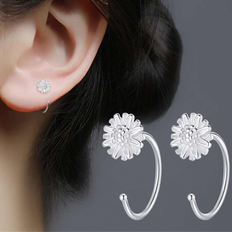 Anting Kait Desain Bunga Matahari Daisy Warna Silver Untuk Wanita
