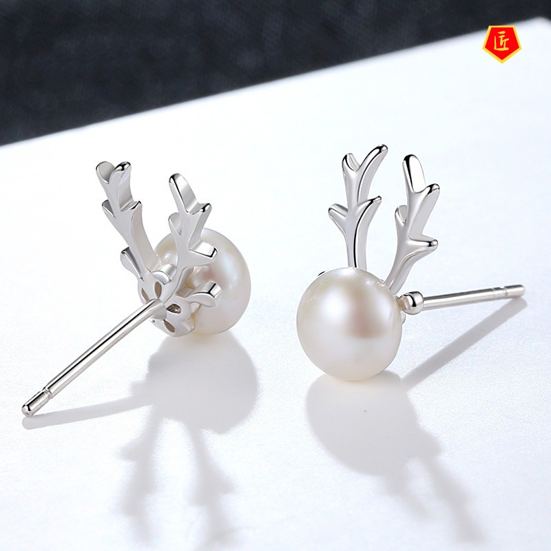 [Ready Stock]Silver Little Dear Pearl Earrings Female Graceful