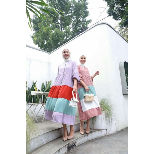 Pastel Midi dress wanita cewek kombinasi warna lilac mustard white Katun kringkel long tunik crinkle