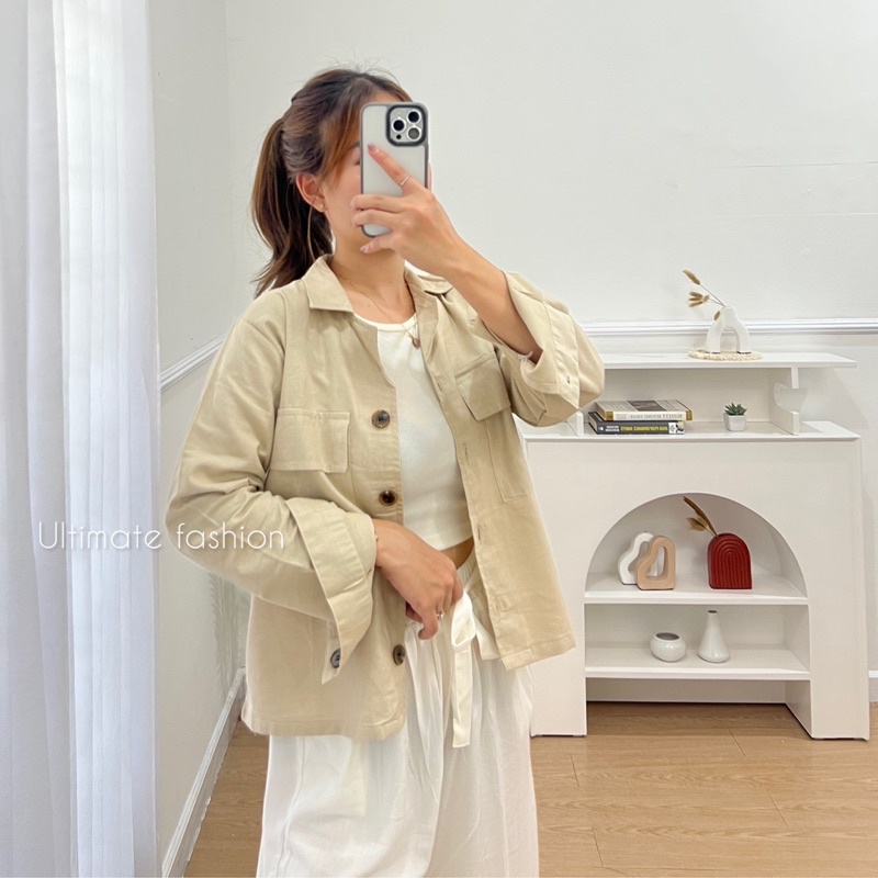 Kemeja Ghea Crop Top Linen Premium Pocket - Atasan Wanita - Kardigan - Outer 226