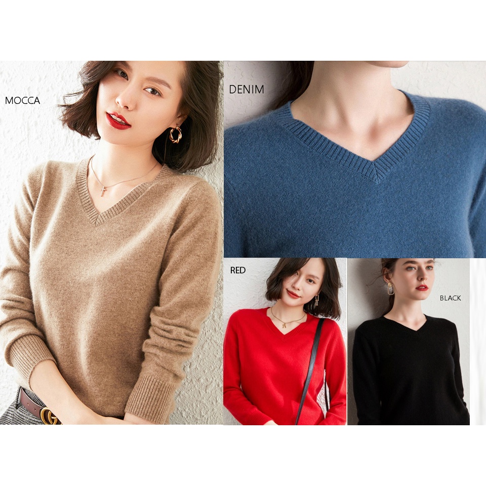 Baju Sweater V Neck Wanita Cewek Lengan Panjang Polos Rajut  Kekinian A24