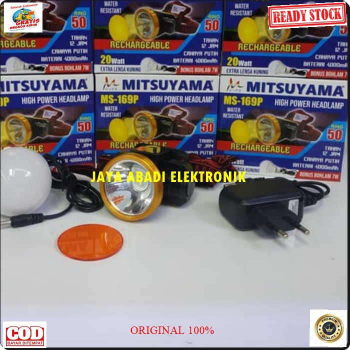 G402 MITSUYAMA LED LAMPU SENTER KEPALA CAS CASAN HEADLAMP HEAD BATERAI PUTIH KUNING LED SINAR CAHAYA TERANG RECHARGEABLE TAHAN AIR WATERPROOF BATERAI CHARGER MULTI UNIVERSAL TAHAN 12 JAM BONUS LAMPU GANTUNG LED WARNA LAMPU BISA GANTI PUTIH ATAU KUNING