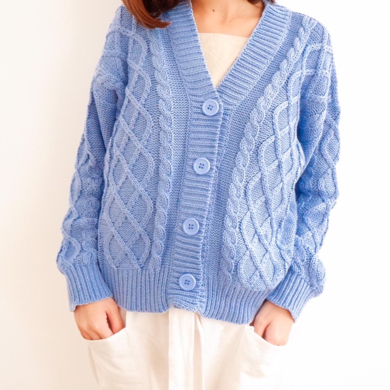 Vintage House Cross Crop Cardi (Cardigan Rajut Cable Wanita Korea / Korean Cardigan)-Icy Blue