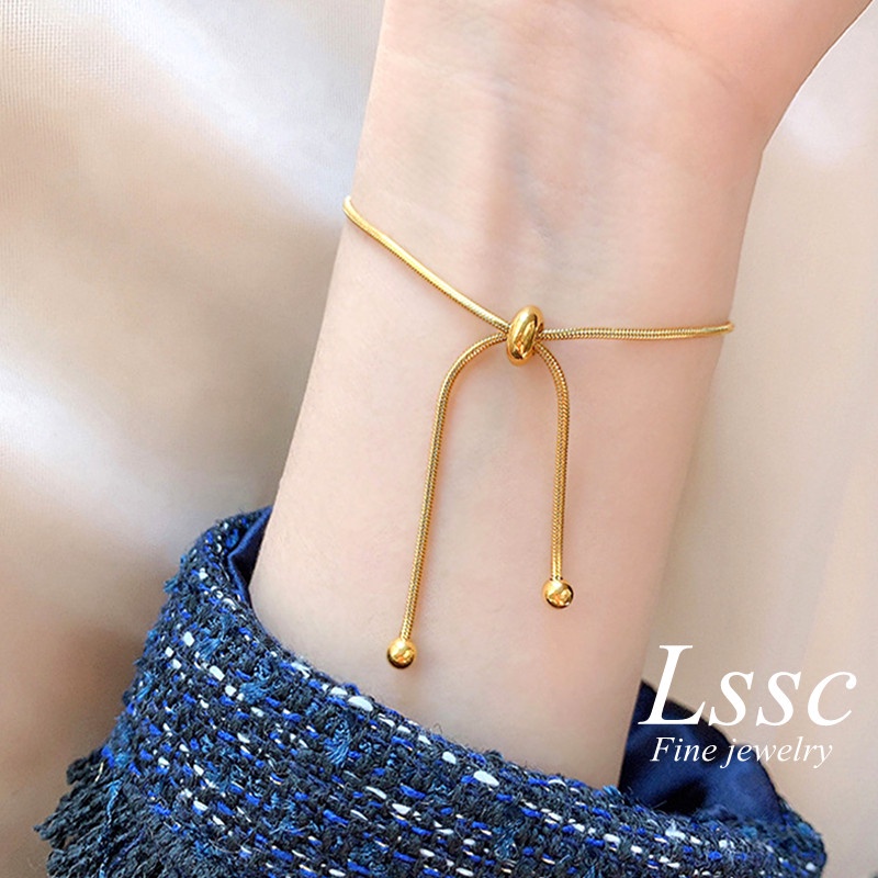 Gelang Titanium Serut Minimalis Lapis Emas 18k Wanita Anti Karat Aksesoris