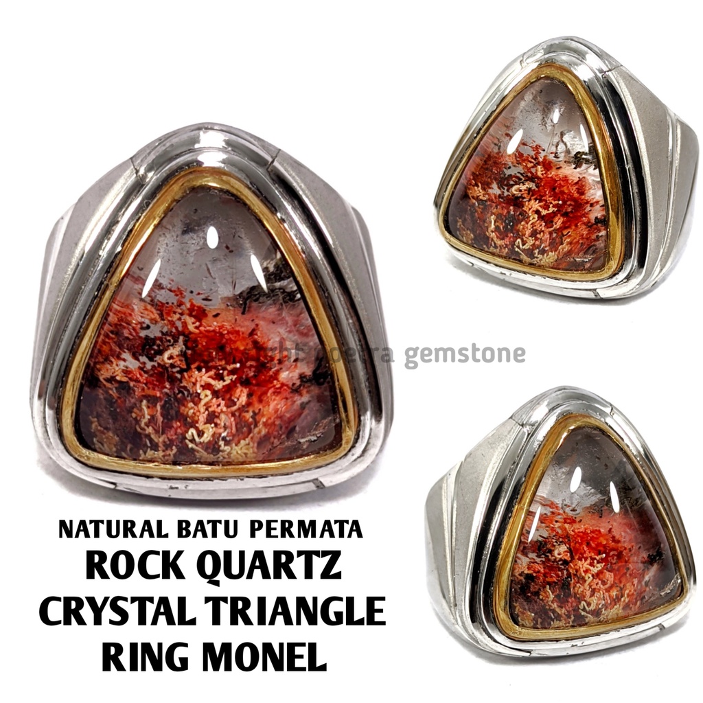 Natural Batu Permata Rock Quartz Crystal Triangel Ring Monel RC05