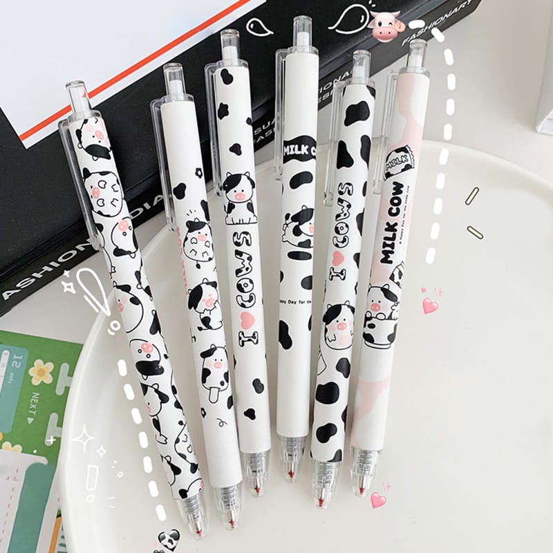 

6 Pcs Pulpen Gel 0.5mm Motif Kartun Sapi Tinta Hitam Ballpoint Mekanik Retractable Gambar Sapi Cow Moo Moo