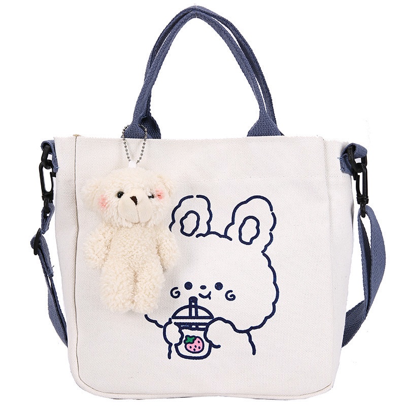 TAO Tas Canvas Korea 2in1 Totebag Selempang FREE Gantungan boneka