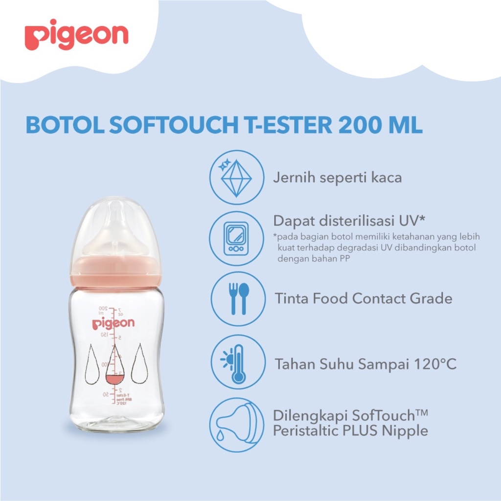 Pigeon SofTouch Peristaltic Plus PP Wide Neck Bottle T-Ester Peach 0m+ Bulan Botol Susu 200ml