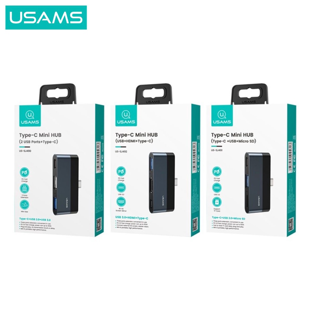 USAMS Adapter Converter 3in1 USB C Smart Hub Kabel Audio Video 4K Type C USB Port MicroSD