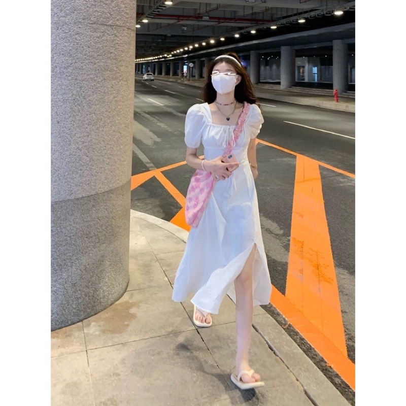 White Puff Sleeve Long Slit Dress Import Dress Casual Korean Style OOTD Pantai
