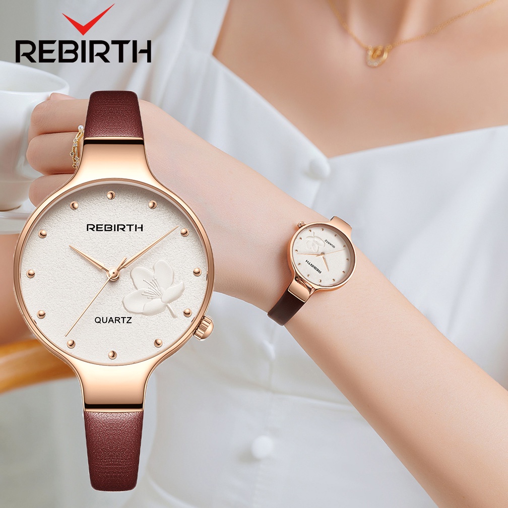 REBIRTH Jam Tangan Wanita Anti Air Original Mode Anggun Cetak Dial Berlian Skala Kuarsa Tali Silikon Jam Tangan Cewek