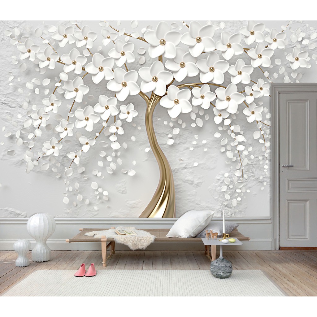 3D WALLPAPER CUSTOM WALLBANNER DINDING bunga putih