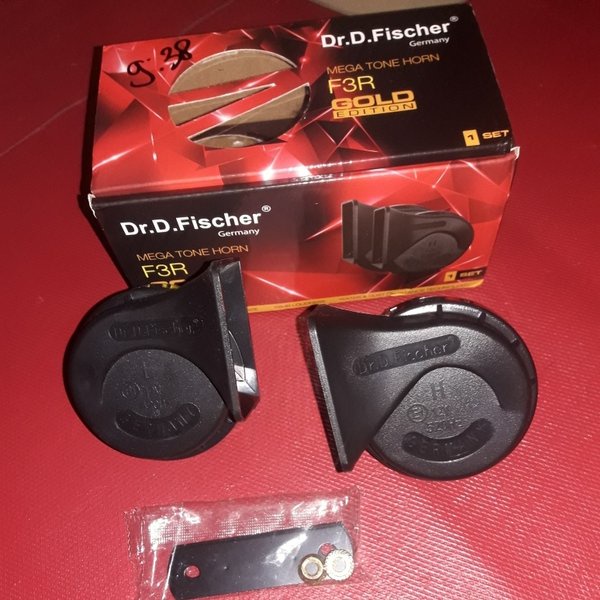 Paket Komplit Klakson Keong 12 Volt Dr. D fischer 12V water Resistant F3R Gold edition. MOBIL MOTOR HITAM original