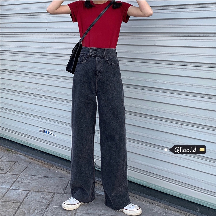 High Waist Jeans Wanita Loose Abu-abu Gelap Korea Style Celana Panjang