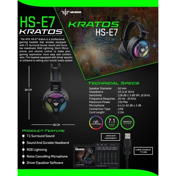 Headset Gaming NYK Nemesis E7 Kratos RGB 7.1 Surround USB - Headphone