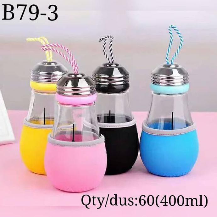 BOTOL MINUM BOHLAM KACA + POUCH U002F LAMPU MINUM UNIK 400ML B79-3