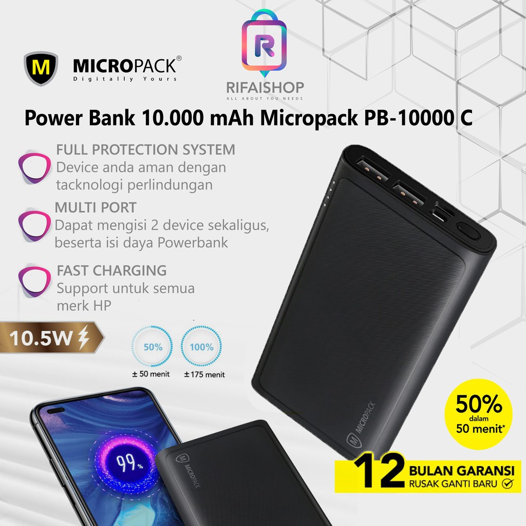 Power Bank 10.000 mAh Micropack Type-C Black PB-10000 C Powerbank