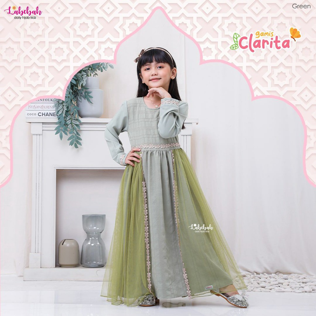 LABEBAH - Gamis Anak Perempuan Clarita Dress Renda Tutu Tile Set Hijab Usia  3-10 Tahun