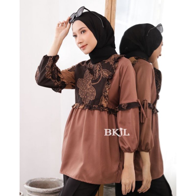 Batik wanita ASJ SA HRB026 Kenongo Kemeja Tosca Pendek-B vina coklat balon