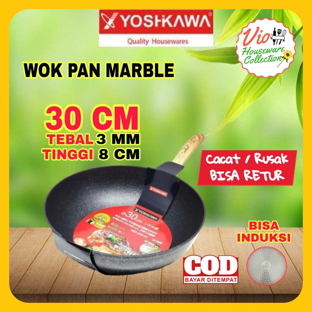 Yoshikawa Wok Pan Marble 30cm / Teflon Keramik Anti Lengket / Granite Pan / Wajan Penggorengan Anti 