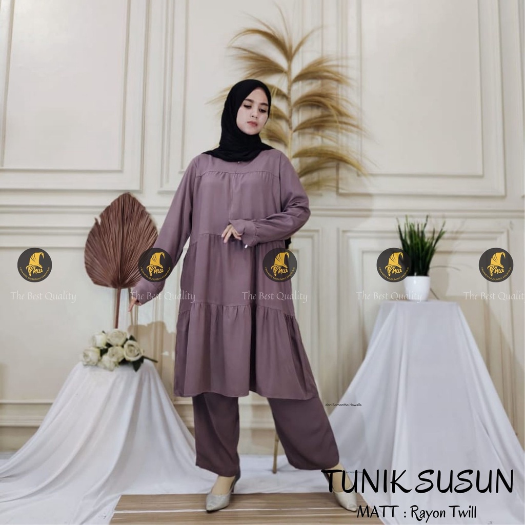 FASHION MUSLIMAH Setcel tunik rempel susun ukuran jumbo terbaru bahan rayon twill (Tunik susun)